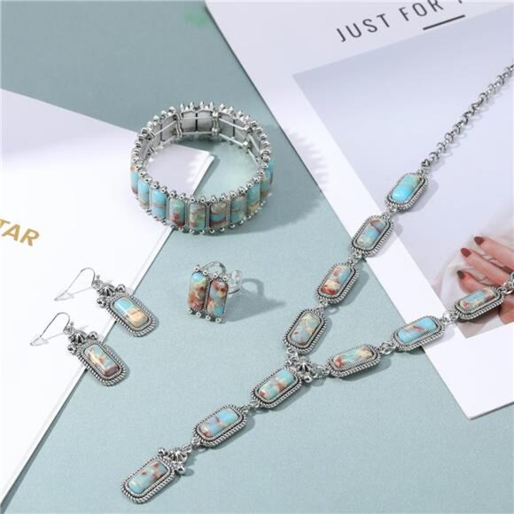 Turquoise Jewelry Set Necklace Earrings Bracelet Ring Boho Western Cowgirl Gift - Picture 3 of 8